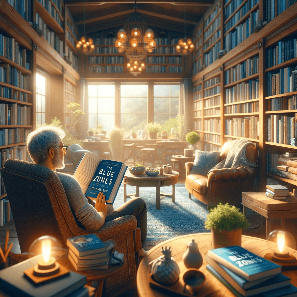 Image of a person reading 'The Blue Zones' by Dan Buettner in a cozy home library setting. The scene features a comfortable reading nook with plush armchairs and a table against a backdrop of shelves filled with various books. The reader is deeply engrossed in the book, highlighting their engagement with the content. The library exudes a warm, tranquil atmosphere, with soft lighting adding to the peaceful and reflective reading experience. The overall ambiance suggests a personal sanctuary for learning and relaxation, perfectly capturing the joy of exploring longevity and wellness through reading.