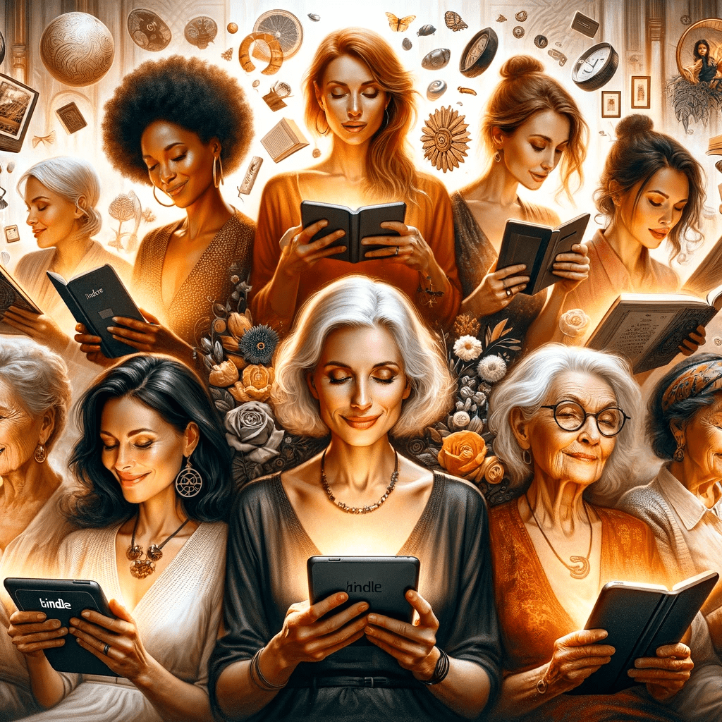 An image showcasing a diverse group of mothers, each deeply engrossed in reading a Kindle E-reader. The mothers, representing various ethnicities and backgrounds, are depicted warmly and comfortably. Each mother displays an expression of engagement and enjoyment, symbolizing the Kindle as a portal to a vast array of literary worlds. The image captures the essence of reading as a cherished escape, highlighting the Kindle as an ideal Mother's Day present for mothers who enjoy reading.