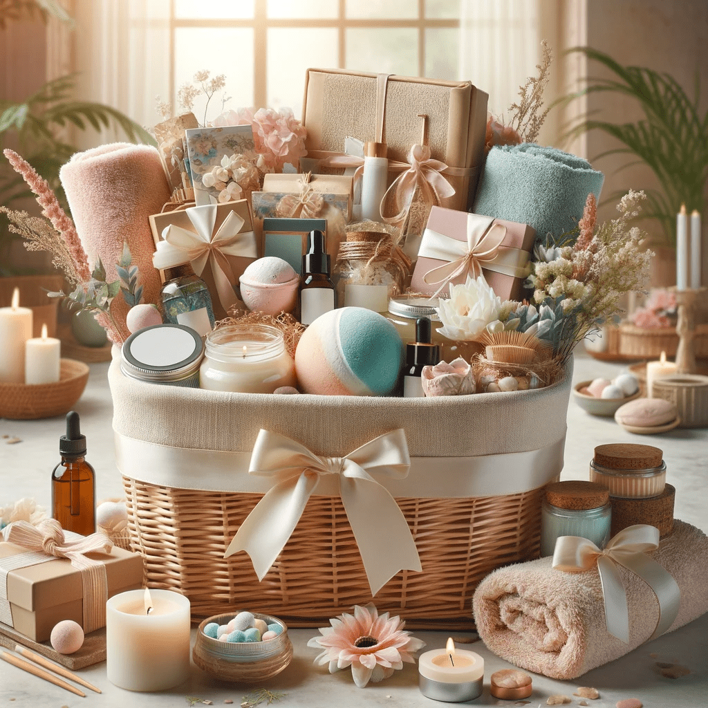 A luxurious spa gift basket for women, brimming with various pampering items. The basket includes scented candles, bath bombs, essential oils, body lotions, fluffy towels, and natural soaps, all arranged aesthetically. The items are adorned with decorative elements like ribbons and flowers, adding to the basket's appeal. This image encapsulates the essence of self-care and relaxation, perfect for a soothing and indulgent experience.