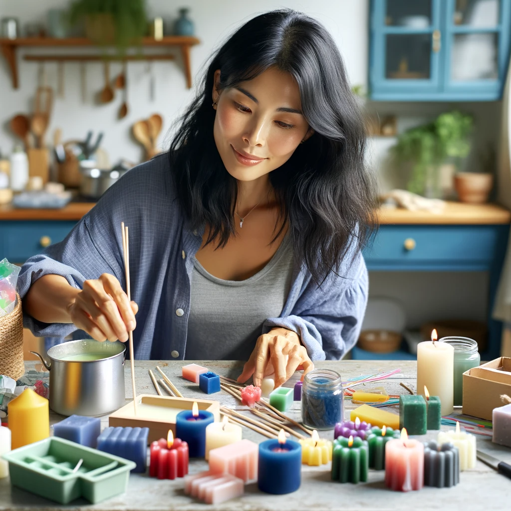 An Asian mother with medium-length black hair is seated at a table, intensely focused on making candles using a DIY kit. The table contains colourful candle-making supplies like wax, wicks, and moulds. The room is warmly lit, enhancing the cozy atmosphere. In the background, a kitchen setting with a touch of green plants adds to the lively and homely vibe of the scene.