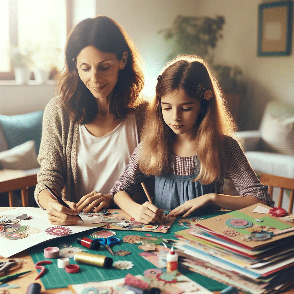 A mother with shoulder-length brown hair and her teenage daughter with long blonde hair is seated at a table, deeply engaged in assembling a customizable scrapbook. The table has various scrapbooking supplies, including colourful paper, scissors, glue, and decorative embellishments. The room is bright and filled with natural light, adding a cheerful ambiance to their creative endeavour. In the background, a cozy living room setting is subtly visible.