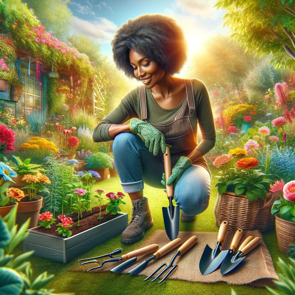 A Black mother with short curly hair is gardening, kneeling on the ground in a lush, colourful garden. She is wearing comfortable gardening clothes and gloves, holding a trowel and actively planting. Beside her, a neatly arranged set of gardening tools, including a spade, fork, and shears, is visible. The vibrant garden has various blooming flowers and greenery under a bright and sunny sky.