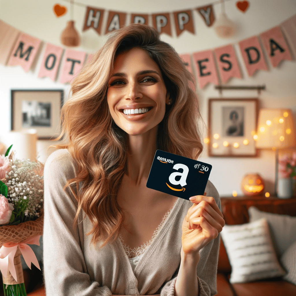 An image of a joyful mother in her early forties with long, wavy blonde hair, smiling broadly as she holds an Amazon gift card. She stands in a cozy living room festively decorated for Mother's Day, featuring a warm, inviting ambiance. The room is adorned with 'Happy Mother's Day' banners and a bouquet on the table, creating a celebratory and homely atmosphere.