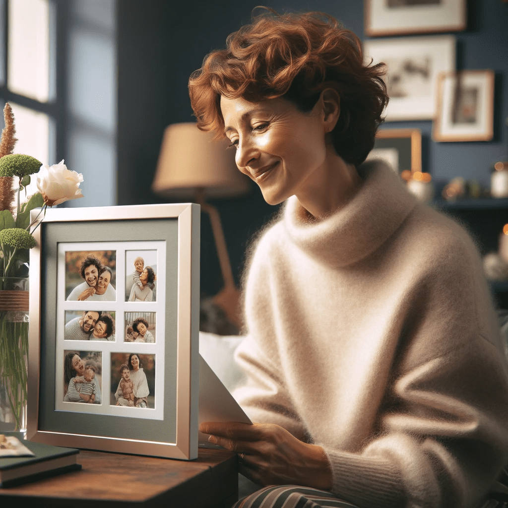 Image of a mother in her late thirties with short, curly brown hair, sitting comfortably in a well-lit room, captivated by the photos on a digital picture frame. She wears a soft, pastel-coloured sweater; her expression is a mix of joy and nostalgia. The room is elegantly decorated for Mother's Day with fresh flowers and subtle ornaments, creating a warm and affectionate environment.