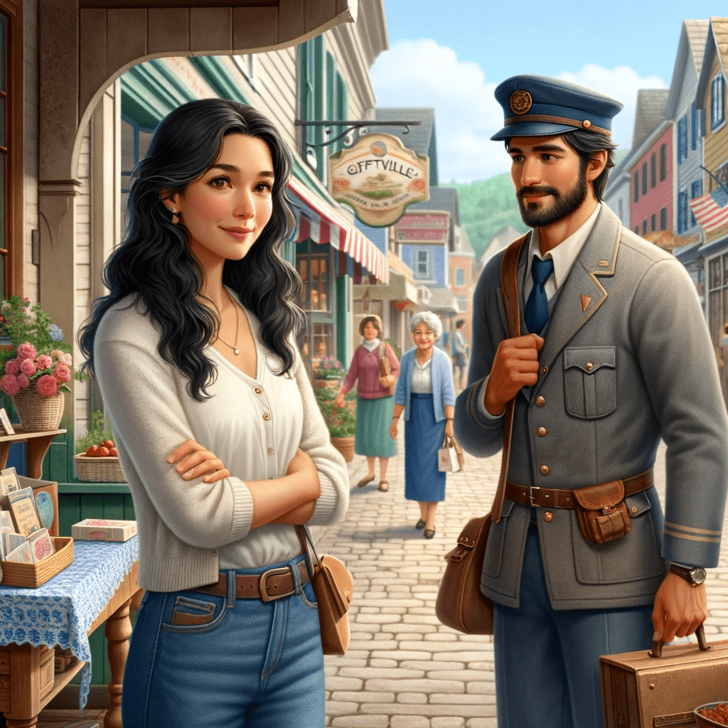 Last-minute Mother's Day gift ideas come to life in Giftville, where Anna and Carlos are seen urgently shopping for presents. In her early thirties with long black hair, Anna looks determined yet concerned, dressed casually in jeans and a white blouse. Carlos, the town's amiable postman in his late thirties, is in his uniform with a mailbag, appearing thoughtful and hurried. They are on Main Street, a hubbub of activity and quaint shops. Mrs. Langley, with short grey hair and a warm smile, stands outside her teashop in a floral apron, offering guidance, embodying a serene contrast to the bustling scene.