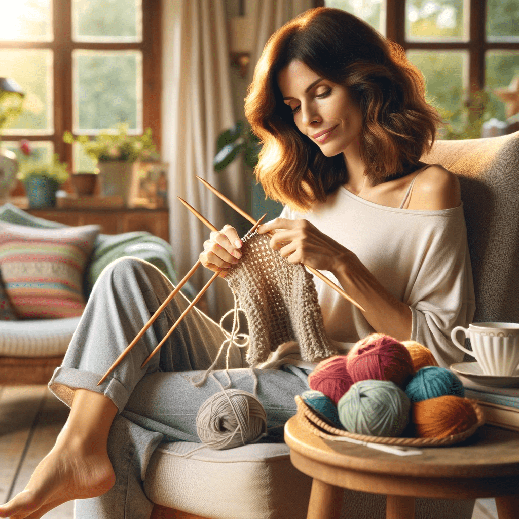 Image of a mother in her late thirties with shoulder-length chestnut hair, sitting in a cozy armchair and engaging in knitting. She is dressed in a comfortable casual outfit, skillfully using knitting needles and colourful yarns from her knitting kit. The room is bathed in soft, natural light, creating a tranquil environment. Beside her, a small table holds a cup of tea, and a window in the background reveals a view of a peaceful garden, enhancing the scene's overall calm and relaxing atmosphere.