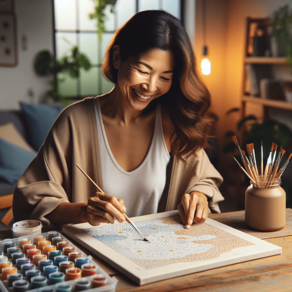 A joyful Asian mother is engrossed in painting with an adult paint-by-numbers kit. She's sitting at a wooden table in a well-lit room, carefully filling in a canvas section. The room is cozy, with warm lighting and houseplants adding to the serene atmosphere.