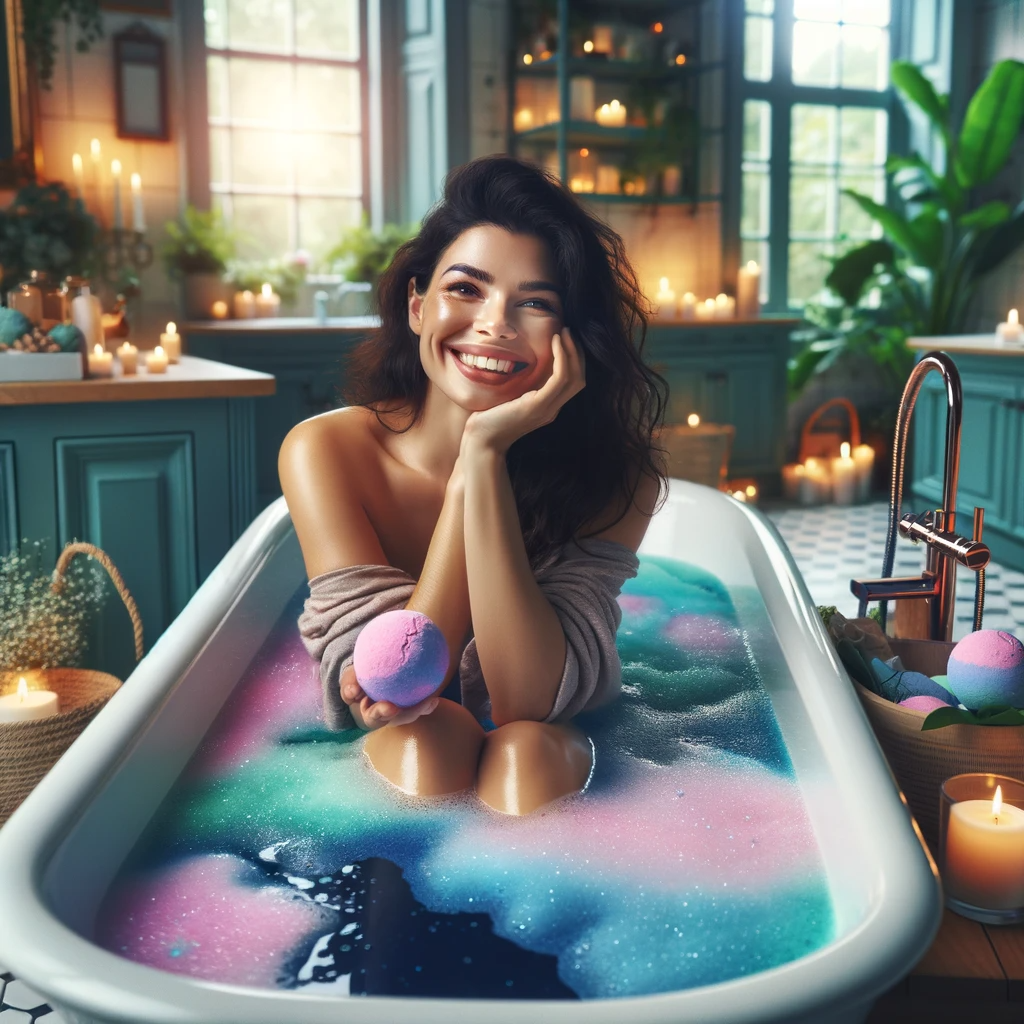 A happy Hispanic mother enjoys a relaxing bath with a DIY bath bomb in a spacious, elegant bathroom. She sits in a large tub with colourful, fizzy water, surrounded by soft lighting, candles, and green plants, conveying peace and luxury.