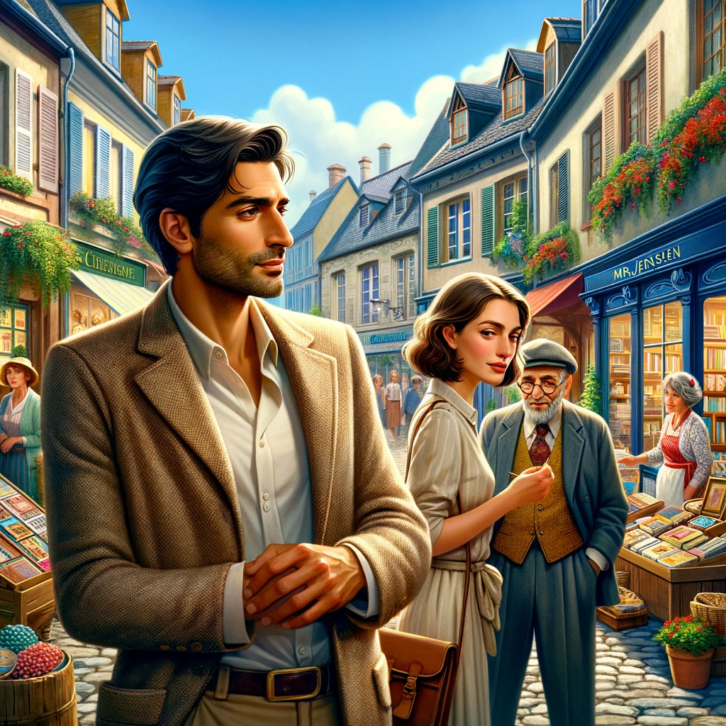 Hard to buy for moms: In the quaint town of Giftville, Lucy, a stylish Caucasian woman, and Omar, a contemplative Middle-Eastern man, stand on a cobblestone street. They are surrounded by charming boutiques, pondering gifts for fussy moms. Nearby, Mr. Jensen, an elderly Caucasian bookshop owner, approaches with a warm smile, adding to the quaint and thoughtful atmosphere of the scene.