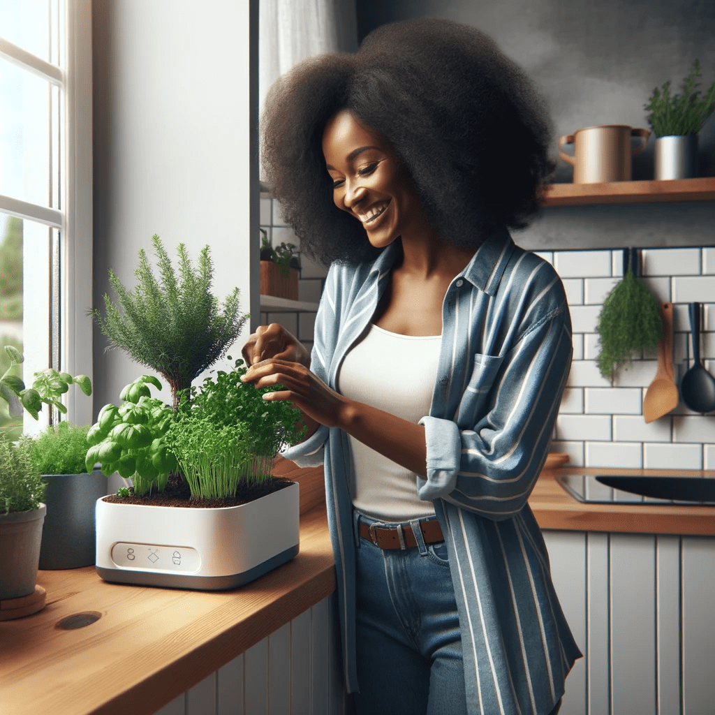 A joyful Black mother tends to her smart herb garden in a bright, modern kitchen. Natural light streams in as she smiles, gently touching the lush green herbs by the window, showcasing the joy of indoor gardening.