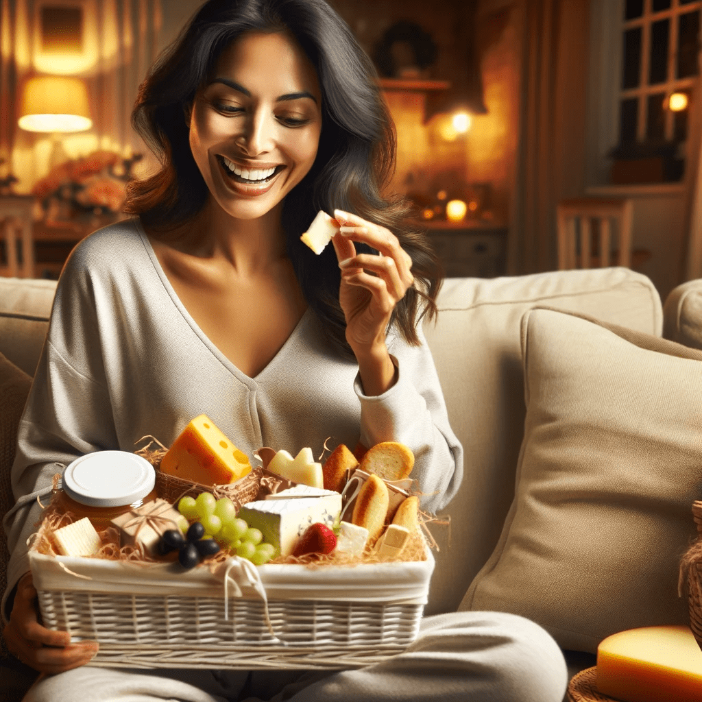 A delighted South Asian mother enjoys a gourmet food gift basket in a cozy, warmly lit living room. She's seated on a sofa, sampling cheeses, fruits, and chocolates from the basket, her face expressing joy and surprise in the homely setting.