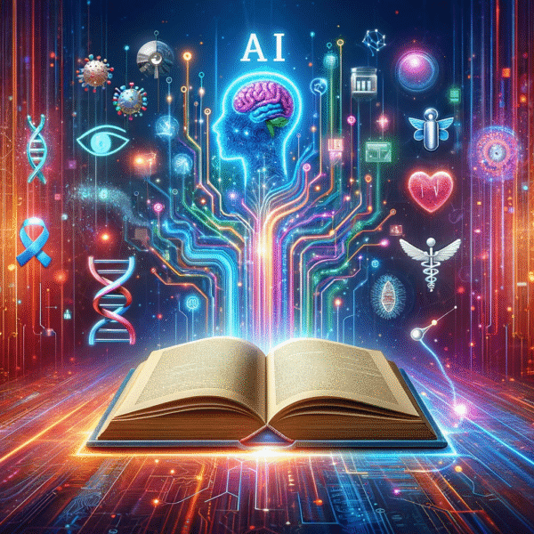 AI in Healthcare: Revolutionizing Wellness with Immersive Technologies and Smart Solutions AI in healthcare is dynamically represented in this image, showcasing the synergy between advanced technology and medical innovation. The centrepiece is an open book with digital circuit patterns, embodying the fusion of artificial intelligence and healthcare knowledge. Surrounding the book are symbols of medical expertise, such as a stethoscope, DNA helix, and a human brain, highlighting how immersive technologies in healthcare are evolving. The background features futuristic digital elements and light beams, illustrating the impact of AI in areas like nutrition, wearables, mental health, predictive analytics, and virtual health assistants. This vibrant and engaging visual encapsulates how AI is helping the healthcare industry.