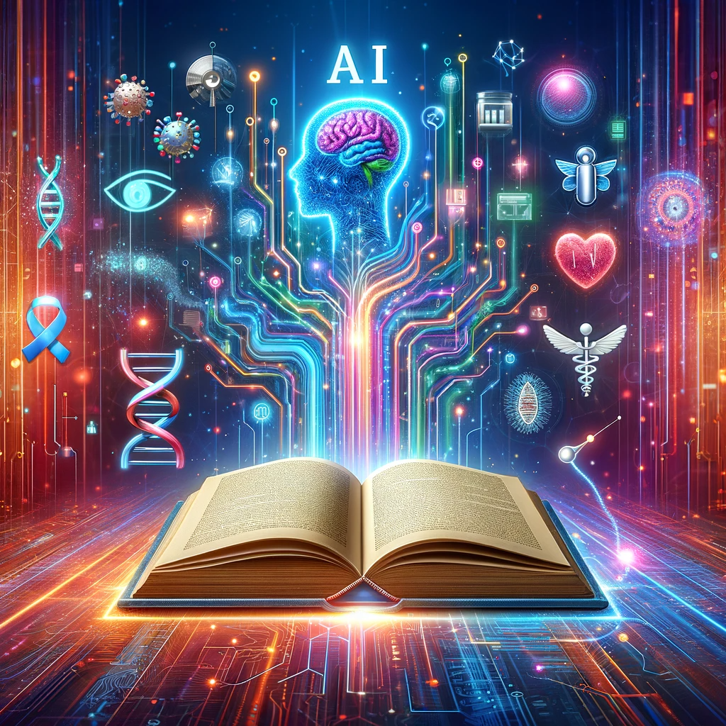 AI in healthcare is dynamically represented in this image, showcasing the synergy between advanced technology and medical innovation. The centrepiece is an open book with digital circuit patterns, embodying the fusion of artificial intelligence and healthcare knowledge. Surrounding the book are symbols of medical expertise, such as a stethoscope, DNA helix, and a human brain, highlighting how immersive technologies in healthcare are evolving. The background features futuristic digital elements and light beams, illustrating the impact of AI in areas like nutrition, wearables, mental health, predictive analytics, and virtual health assistants. This vibrant and engaging visual encapsulates how AI is helping the healthcare industry.