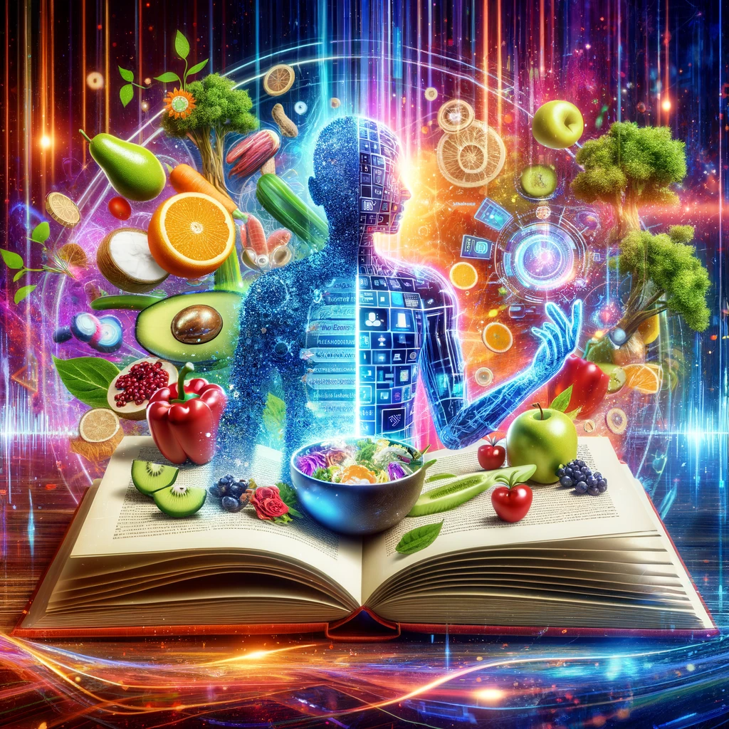 An open book symbolizes AI's integration into nutrition science, with pages transforming into a vibrant digital landscape. The image features an array of healthy foods and a stylized human figure analyzing a diet chart, surrounded by digital elements representing AI algorithms. The background is filled with abstract digital patterns and colourful light effects, conveying AI's innovative and futuristic aspect in nutrition. The scene is rich in colours and detail, emphasizing the excitement and discovery in AI-driven nutritional science.