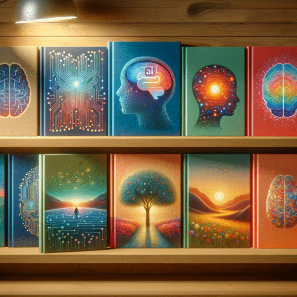 DALL·E-2024-01-13-22.20.24-An-array-of-colorful-books-on-a-wooden-shelf-each-book-cover-illustrating-themes-of-AI-and-mental-health-without-any-text.-The-covers-show-digital-mo