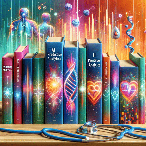 AI Predictive Analytics in Healthcare: Unveiling 5 Revolutionary Strategies Through Immersive Technologies AI predictive analytics in healthcare are vividly depicted in this lively bookshelf scene, highlighting books exploring immersive healthcare technologies. The covers are artistically adorned with symbols merging digital data and medical elements, representing innovative AI strategies in healthcare.