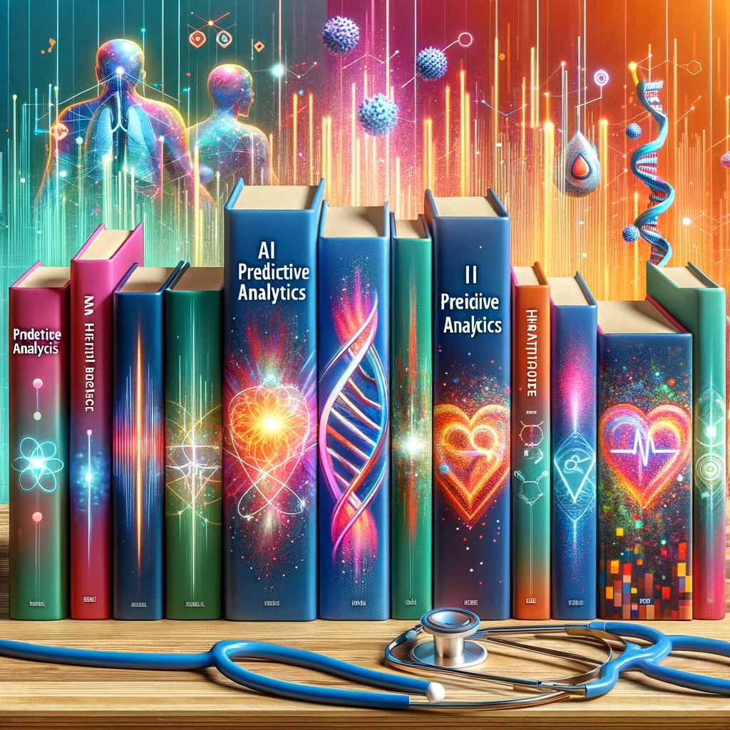 AI predictive analytics in healthcare are vividly depicted in this lively bookshelf scene, highlighting books exploring immersive healthcare technologies. The covers are artistically adorned with symbols merging digital data and medical elements, representing innovative AI strategies in healthcare.