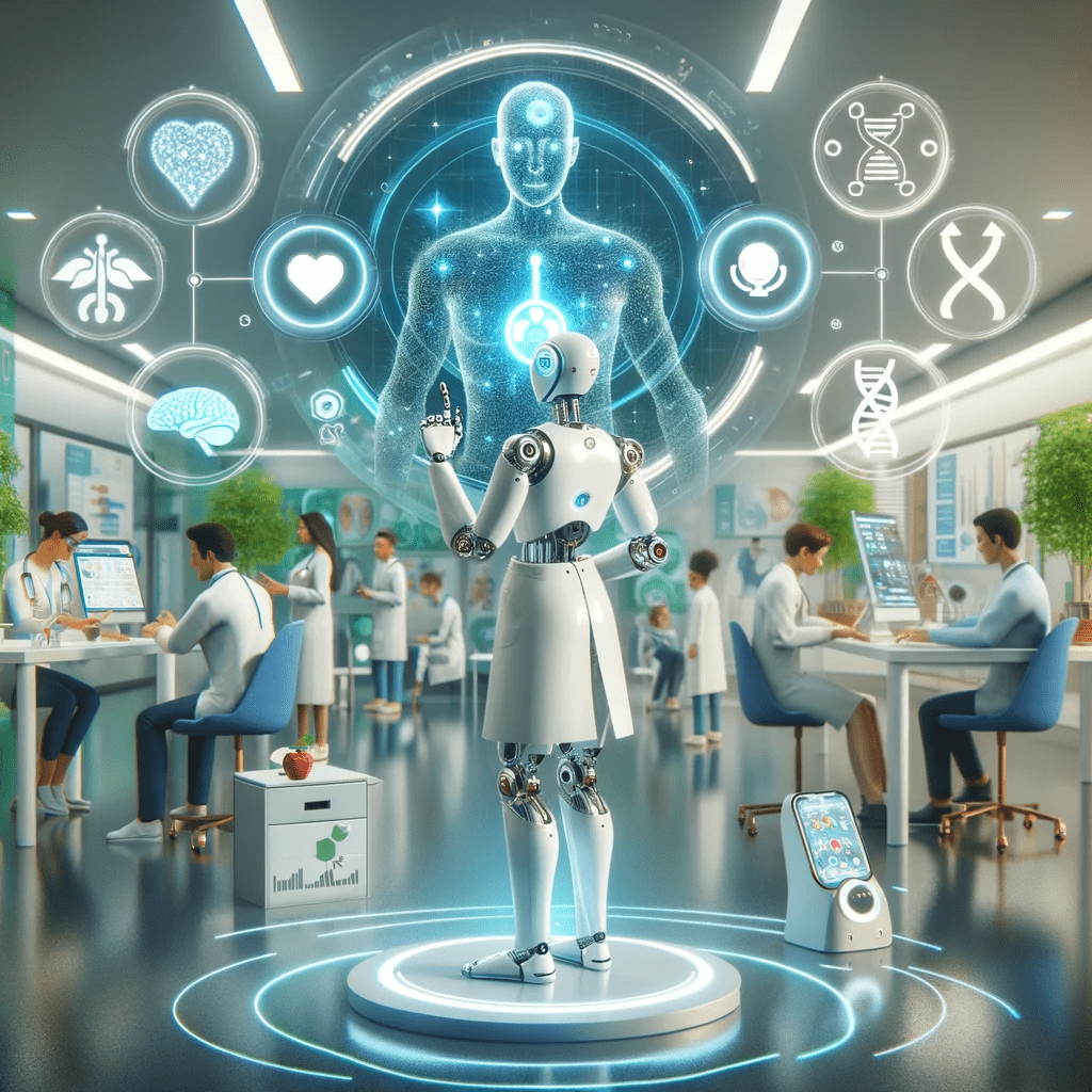 AI in Healthcare is vividly depicted in this futuristic image, where a humanoid robot, embodying immersive technologies in Healthcare, interacts with a holographic interface. The robot, dressed in a white lab coat, symbolizes the advanced role of AI in medical fields. On the interface, health-related icons such as a heart, brain, and DNA strand illustrate the diverse applications of AI, including diagnostic accuracy, mental health, and genetics. Surrounding the robot are various AI wearable devices like smartwatches and fitness trackers, highlighting the integration of AI predictive analytics in Healthcare. The background shows a group of patients utilizing advanced medical equipment, representing a personalized and efficient healthcare future driven by AI.