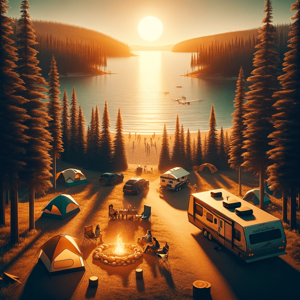 Aspen Beach Provincial Park is artistically represented in this imaginative depiction of a sunset scene at a campground. While not an actual photograph of the park, the image creatively visualizes a family camping experience with a tent and a campfire. Nearby, an RV is set up at another campsite featuring a campfire. Through the trees, a glimpse of a sandy beach and a vast lake can be seen, with the sun majestically setting into the water, casting a warm, golden glow. This image captures the essence of outdoor adventure and serene beauty, idealizing the experience at Aspen Beach Provincial Park.