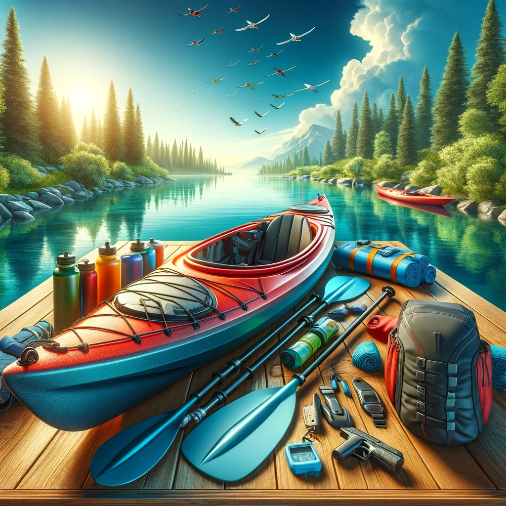 Lakeland Provincial Park is showcased with a modern red kayak surrounded by various kayaking accessories, emphasizing the park's popularity for water sports. The sleek kayak's sleek design highlights Lakeland's adventurous spirit, inviting visitors to explore its scenic waterways.
