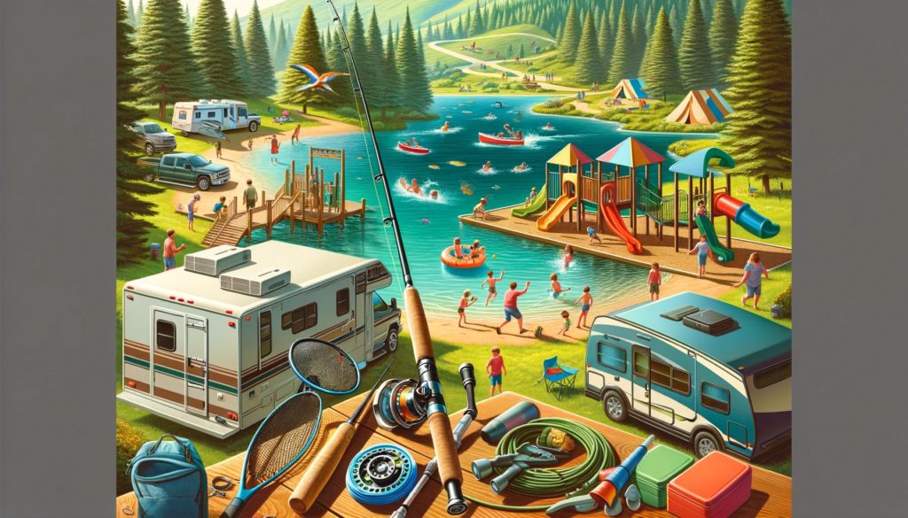 Beaver Lake Provincial Recreation Area comes alive in this vibrant depiction, showcasing the diverse outdoor activities. In the foreground, a fly fishing rod and spin cast rod leans against a tree, symbolizing the fishing opportunities at Beaver Lake. Nearby, a colourful playground teems with children, adding a sense of family-friendly fun. A tent and RV trailer are nestled in lush greenery, illustrating the camping options. A canoe, kayak, and paddleboard await adventurers along the water's edge while kids swim in the lake joyfully. Winding through the scenic background are hiking trails, inviting exploration and adventure in the natural beauty of Beaver Lake.