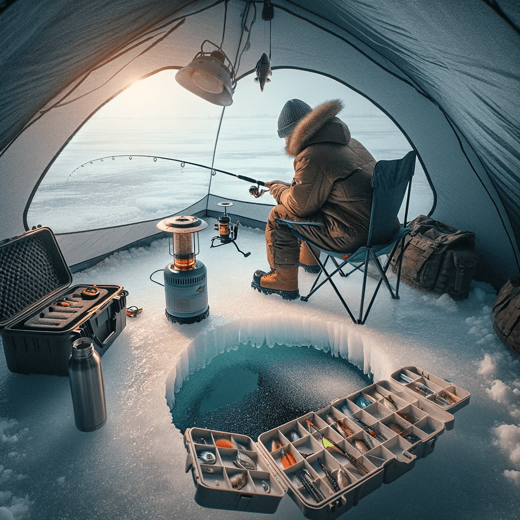 Beaver Lake Provincial Recreation Area offers a serene winter fishing experience, depicted in this image of a person comfortably seated inside an ice fishing tent at Beaver Lake. They are attentively using an ice fishing rod through a hole in the ice, surrounded by essential accessories like a portable heater, a tackle box with lures, and an insulated flask, creating a cozy and focused atmosphere for ice fishing.