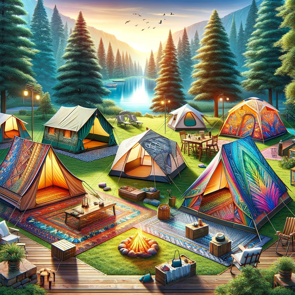 In the Beaver Lake Provincial Recreation Area, various regular camping tents with different designs are harmoniously set in a natural, picturesque environment. This image captures the essence of camping at Beaver Lake, featuring traditional A-frame, cabin-style, and pop-up tents surrounded by lush greenery and a serene lake, perfect for a relaxing stay outdoors.