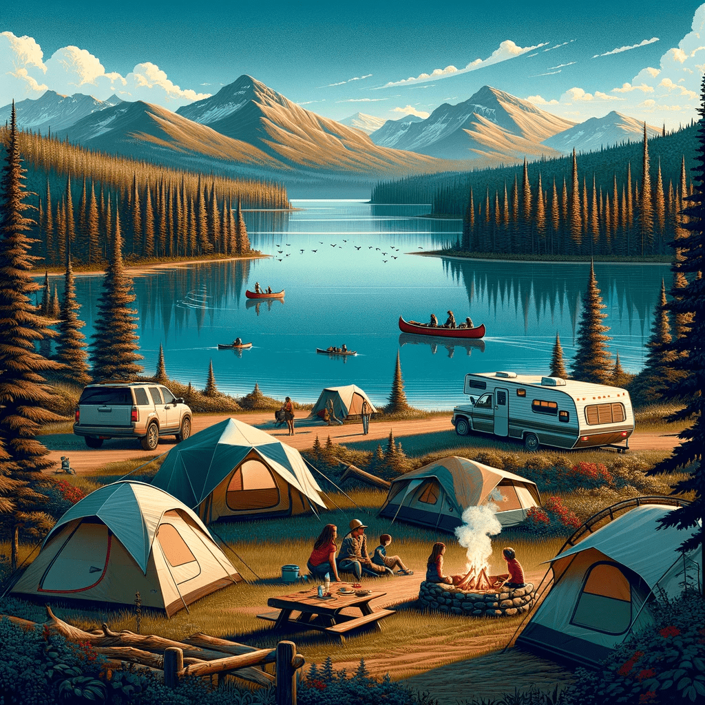 Pinehurst Lake Campground is depicted in a tranquil and picturesque setting, showcasing a beautiful lake surrounded by lush forests and rolling hills, reflecting the serene ambiance of the area. The image features a variety of campsites along the lake's edge, with tents and RVs nestled in the natural landscape. A family is seen enjoying a picnic near a tent, highlighting the recreational opportunities at Pinehurst Campground. The clear, calm waters of Pinehurst Lake are perfect for non-motorized boating, with a canoe visible on the lake, and the backdrop of Pinehurst Lake Conservation Area's dense forests and Pinehurst Provincial Park's rolling hills enhances the sense of outdoor adventure. Firstly, Pinehurst Park's serene atmosphere, teeming with wildlife under clear blue skies, offers an ideal peaceful retreat. Secondly, this tranquil setting perfectly complements outdoor activities, including the popular Pinehurst Lake fishing.