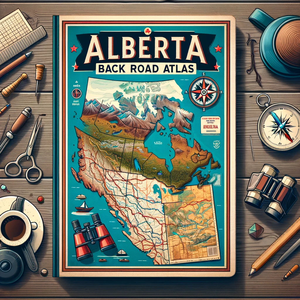 Alberta Back Road Atlas cover features a detailed, colourful map of Alberta with an extensive network of back roads. The image showcases Alberta's diverse landscapes, including mountains, forests, rivers, and rural areas, along with travel symbols like a compass, binoculars, and a vintage explorer's hat, symbolizing adventure and exploration. The design is professional and engaging, making it an essential guide for travellers exploring Alberta's lesser-known paths.