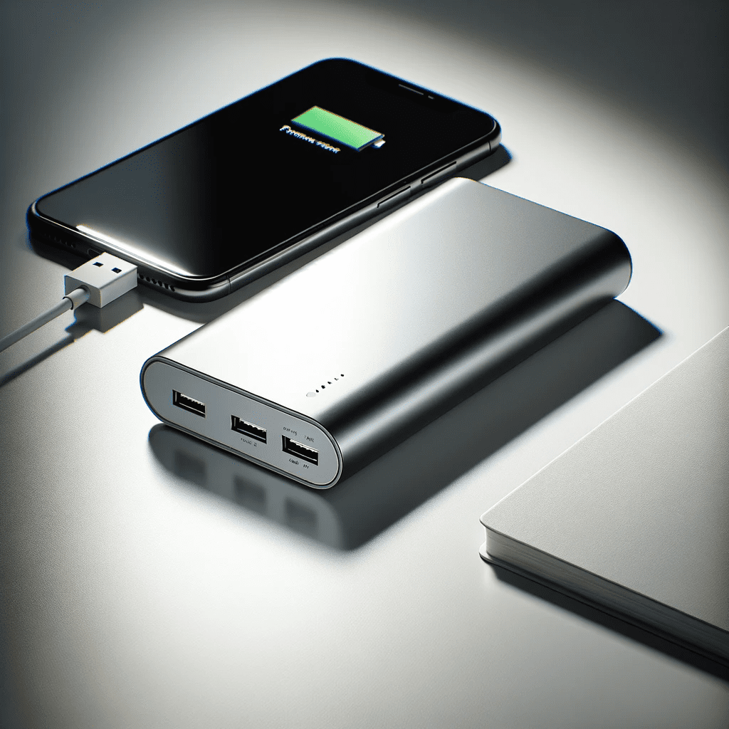 Alberta Back Road Atlas: A power bank with a sleek and compact design, perfect for travellers exploring Alberta's back roads. With its smooth metallic finish and multiple USB ports, the power bank is displayed on a clean surface next to a partially charged smartphone, symbolizing essential travel tech for the Alberta Back Road Atlas adventurer