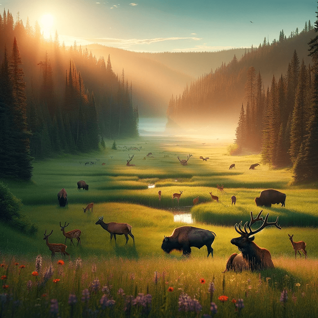 This image brings the Sacred Grove of Elk Island to life, showcasing Berta the Bison and Eddie the Elk amidst a serene and diverse landscape in Elk Island National Park, Alberta, Canada. Grazing peacefully on lush green meadows dotted with wildflowers, these majestic creatures embody the park's essence of tranquillity and natural beauty. Towering trees and dense forests provide a rich backdrop, underlining the sanctuary this park offers to its inhabitants.