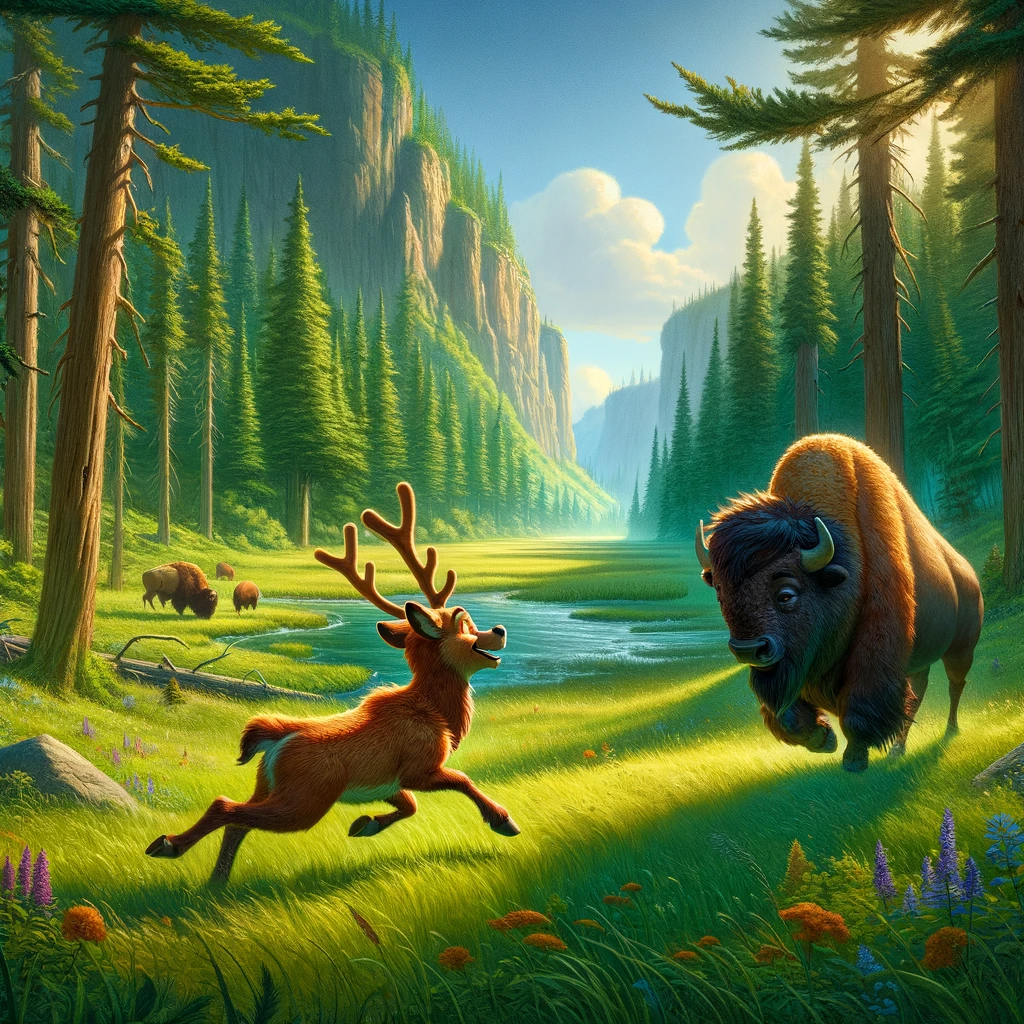 An illustration of Eddie the Elk, full of energy and adventure, bounding joyfully towards Berta the Bison, who grazes in a sunlit, lush green meadow of Elk Island National Park. In the background, a subtle entrance to a hidden clearing suggests a tranquil paradise, symbolizing the enchantment of the park. The warmth and camaraderie between Eddie and Berta highlight their strong friendship bond amidst the vibrant summer greens.