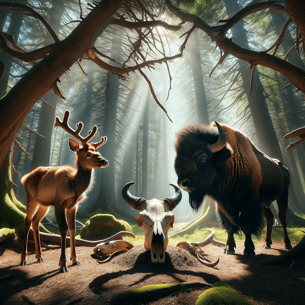 Sacred Grove Revealed: In a sun-dappled clearing within a dense forest, a young elk named Eddie, with small antlers, and a wise-looking bison named Berta stand solemnly, gazing at a massive, ancient bison skull. "The Sacred Grove of Elk Island: Berta the Bison and Eddie the Elk's Journey" is described in this image, which captures the essence of their journey. The illustration portrays the sacred pact between Eddie and Berta to preserve and honour the legacy of the Plains Bison. The towering trees and intertwining branches form a natural canopy, with sunlight filtering through the leaves, highlighting the hallowed ground they stand on.