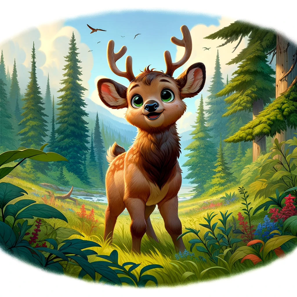 Eddie the Elk, a young and adventurous elk with small antlers, explores the vibrant forests and lush greenery of Elk Island, embodying the spirit of curiosity and the joy of discovery.