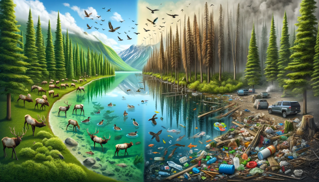 Restoring Elk Island is vividly illustrated in this image, contrasting the park's transformation from its pristine condition to environmental degradation. Elk Island National Park is shown on the left in its original splendour with lush greenery, vibrant wildlife, and crystal-clear waters. The right side dramatically shifts to depict the park's current challenges, featuring murky waters, brown, withered trees, discarded waste, and a visible haze of pollution. This visual representation underscores the urgent need for restoration, as highlighted in the blog post "Chapter 1: Restoring Elk Island – A Mysterious Change".