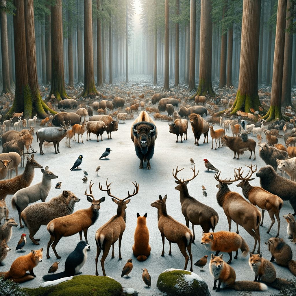 The Great Gathering is vividly captured in this serene clearing within Elk Island, encircled by ancient towering trees, on the momentous day of The Majestic Convocation. This historic gathering brings together various species in a peaceful assembly, each creature in attendance contributing to the event's significance. The unity and solemnity of this assembly are underscored by the natural beauty and grandeur of the surrounding forest, making it a fitting visual representation for "Chapter 2: The Great Gathering of Park Inhabitants."