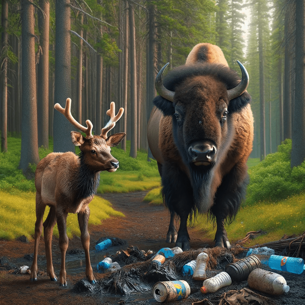 The Great Gathering is poignantly illustrated in this image, where Eddie, a young elk, and Berta, a wise bison, stand together in a forest clearing on Elk Island. Their troubled expressions reflect their concern upon discovering pollution in their natural habitat, marking a significant moment in the story of the park's inhabitants. Surrounded by the lush greenery of their home, this scene underscores the urgent message of environmental preservation and the collective responsibility of the park's diverse species. This image captures the essence of "Chapter 2: The Great Gathering of Park Inhabitants," highlighting the unity and shared challenges faced by the community.