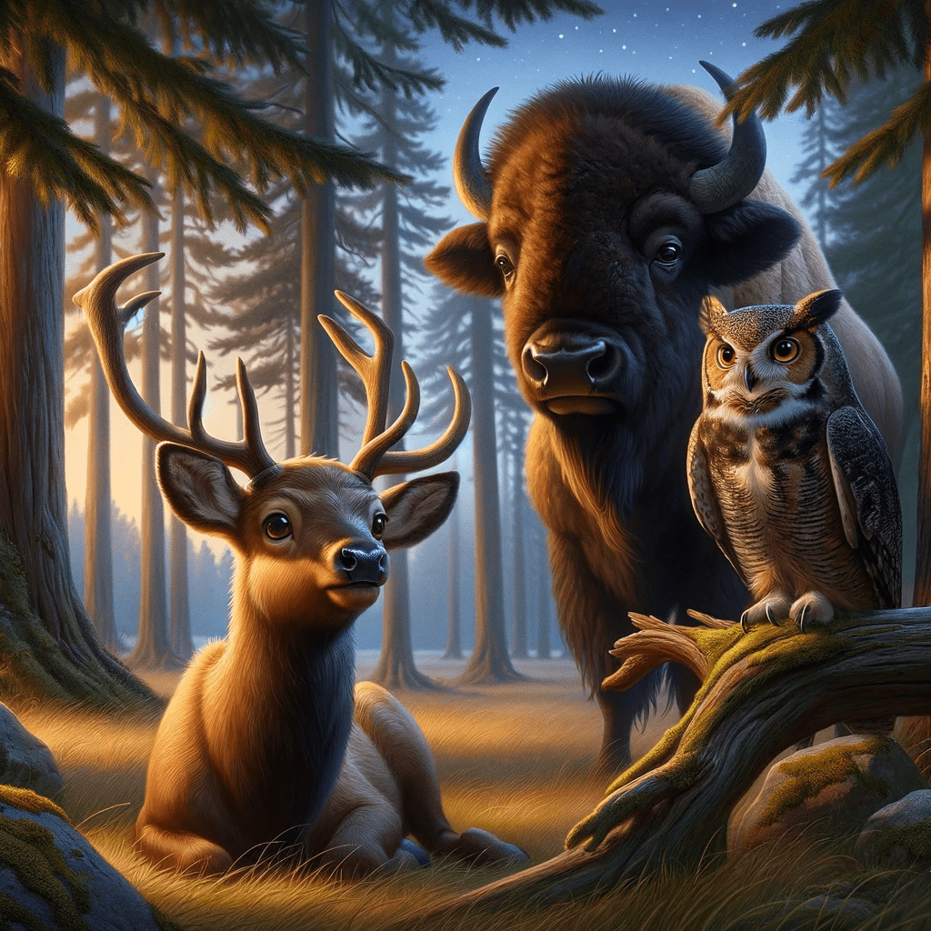 Forming teams in a peaceful forest clearing at dusk, this image captures Eddie the young Elk with burgeoning antlers, Berta the wise Bison, and Gary the Great Owl together. They exemplify the collaborative spirit of forming groups united to protect and restore Elk Island National Park. Their gathering in the serene twilight embodies the essence of teamwork and mutual support essential for environmental conservation.