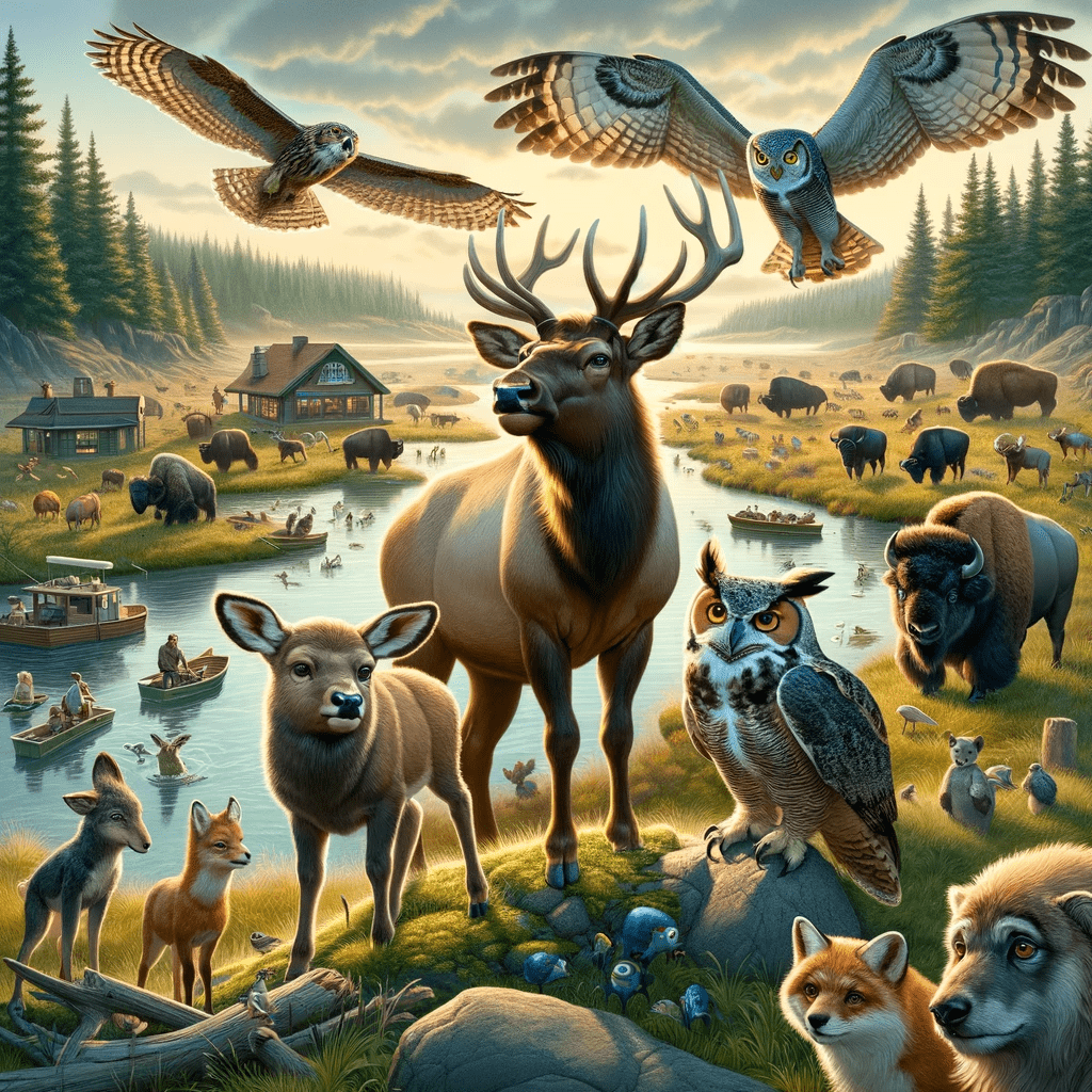 Uncovering the Truth in Elk Island National Park, this illustration captures the essence of unity and determination as Eddie, the young Elk, with notably small antlers, Berta, the wise Bison, and Gary, the Great Horned Owl, lead a diverse assembly of animals. Together, they form specialized teams—water, land, sky, research, and planning—to tackle the environmental crisis threatening their home. The scene, symbolizing the chapter's theme of revealing the reality of habitat disruptions, showcases the collaborative spirit of the park's inhabitants as they embark on a crucial mission to restore their environment.