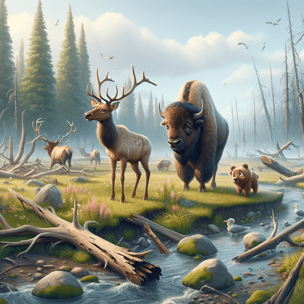 Uncovering the Truth: Eric, a young Elk with small antlers, and Berta, a wise Bison, stand amidst a once vibrant but now damaged park ecosystem, symbolizing the urgent need for restoration. Their presence in the barren landscape, with withered plants and a dry riverbed, poignantly illustrates the theme of revealing the reality of environmental destruction and the critical role of wildlife in the fight to reclaim their habitat.