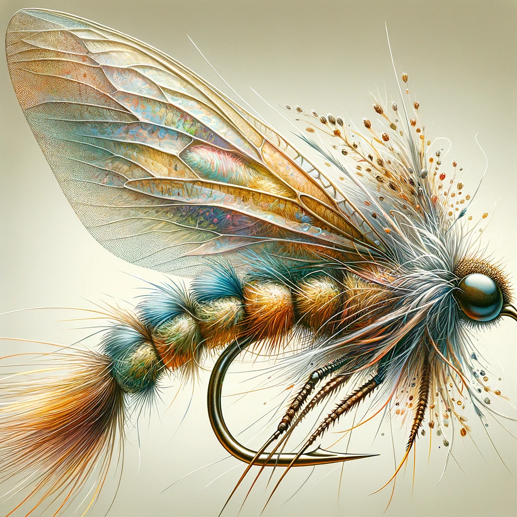 Illustration of a Barr's Emerger fly for fly fishing, highlighting its natural and synthetic materials blend.
