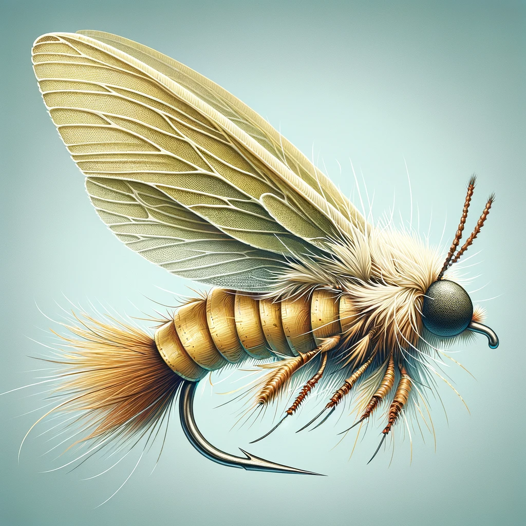 Illustration of a Foam Body Spruce Moth fly for fly fishing, featuring a lightweight foam body and critical characteristics.