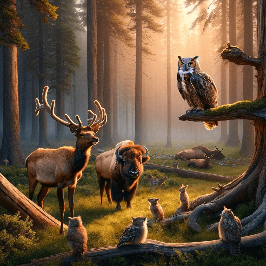 A Plan Emerges in a serene forest clearing at twilight, where Eddie, a young elk with small budding antlers, stands alongside Berta, a wise-looking bison, as part of 'The Great Gathering.' Perched nearby, Gary, a majestic Great Horned Owl, oversees the assembly of various forest animals. This pivotal scene from Chapter 5: A Strategy Unfolds – The Great Gathering showcases the wildlife community coming together to share insights and forge a strategy, embodying unity and the inception of a collaborative plan amidst the natural beauty of their surroundings.