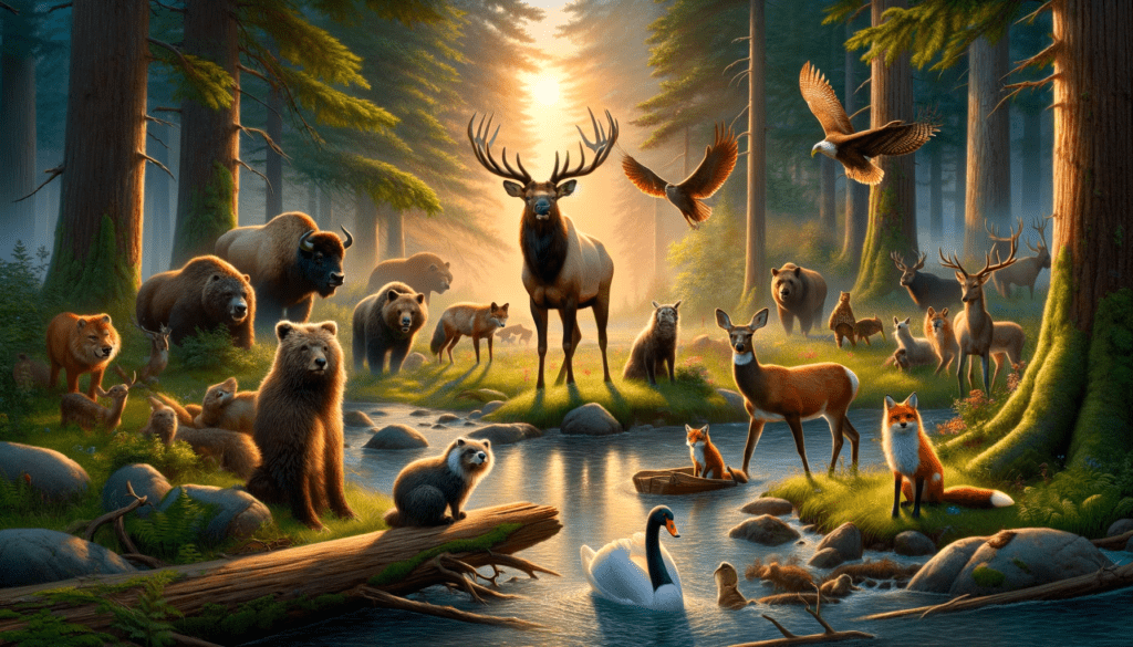 United effort shines at dawn in this portrayal of diverse animals working together, symbolizing wildlife teamwork at its finest. In a serene forest clearing by a gentle river, each animal, from elk to otter, engages in a unique task, demonstrating the power of united effort through wildlife teamwork.