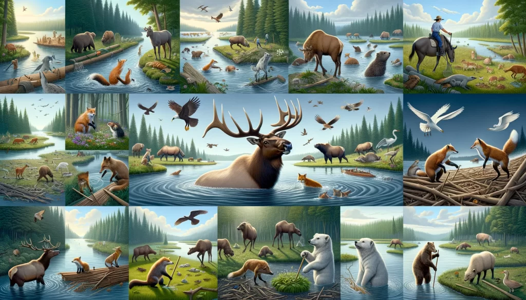 Park restoration efforts at Elk Island are vividly brought to life in this image, showcasing a unique assembly of animal characters, each contributing to the park's revitalization. Eddie the Elk coordinates the team's efforts, Berta the Bison symbolizes strong leadership, and Oliver the Otter clears waterway debris with agility. Fred the Moose, using his antlers, clears vegetation, while Wendy the White-tailed Deer and Freddie the Fox plant native seeds and patrol for invasive species. Bobby the Beaver and Percy the Porcupine repair structures, and from above, Tina the Trumpeter Swan and Gary the Great Horned Owl oversee progress, ensuring a comprehensive approach to the park's revival. This illustration reflects the collaborative spirit of the wildlife, embodying the essence of park revitalization in Elk Island.