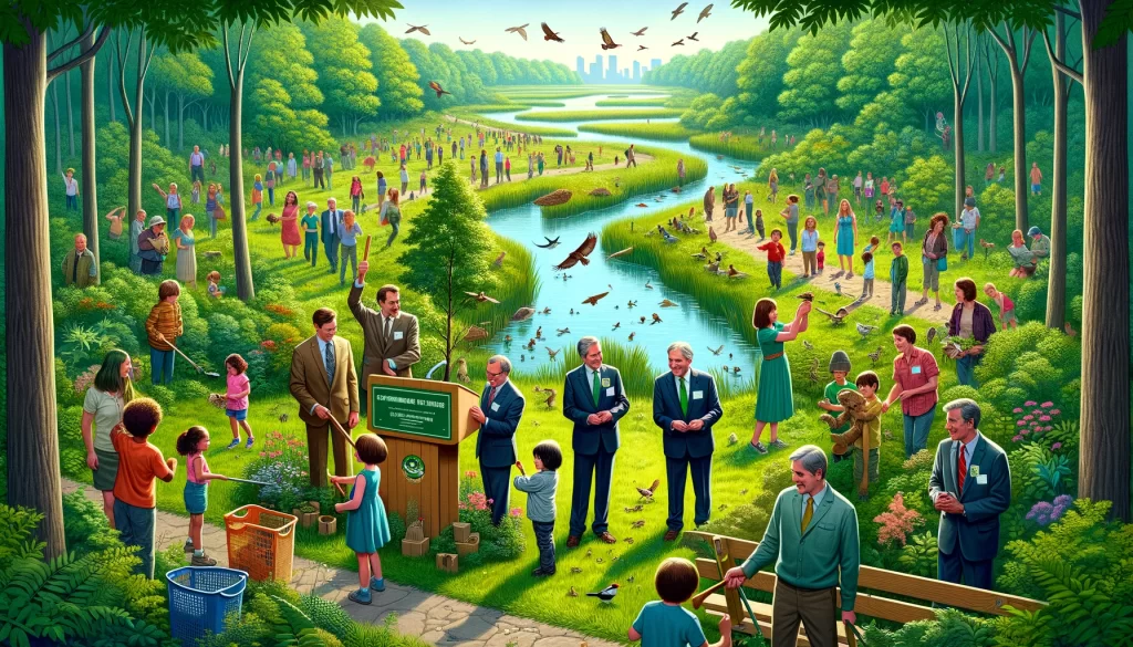 This image vividly captures park restoration efforts at Elk Island, showcasing a vibrant celebration of park revitalization. A diverse group of children and families, accompanied by government officials in formal attire, actively engage in environmental conservation activities. The community's commitment to the park's revitalization is evident through their hands-on participation, symbolizing a united effort toward restoring Elk Island's natural beauty and biodiversity.