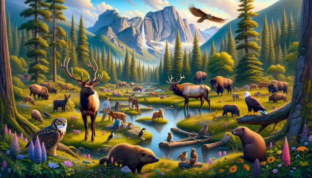 The image vividly depicts park restoration efforts and showcases a thriving Elk Island National Park, now a vibrant wildlife habitat. The serene and beautifully balanced ecosystem is a testament to successful park revitalization, featuring lush greenery, diverse flora, and fauna coexisting harmoniously. This visual encapsulates the essence of Chapter 7: Restoring Elk Island, highlighting the remarkable transformation and rejuvenation of the park's natural environment.