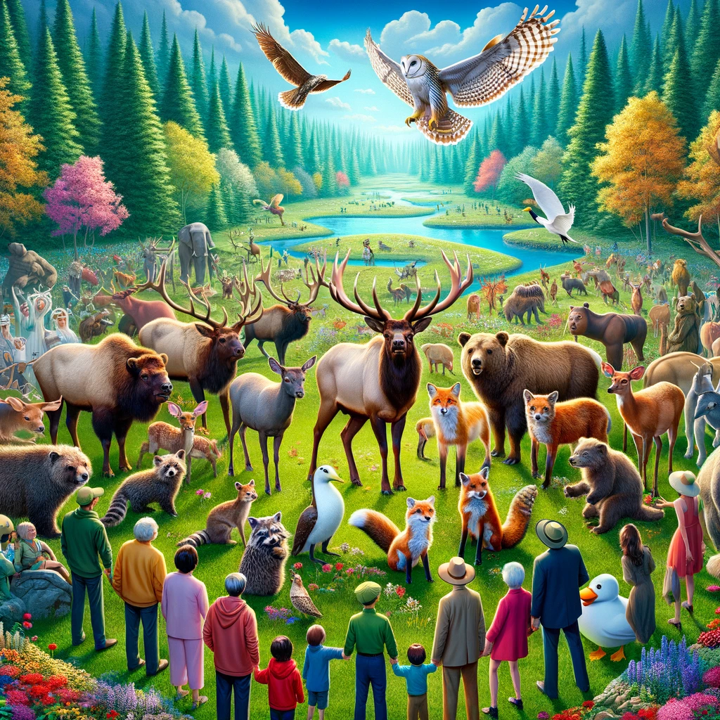 Spreading the word about environmental stewardship, this image captures a group of animated animals, including an elk, bison, and great horned owl, surrounded by people in a lush green park, illustrating the theme of [Chapter 8: Spreading the Word](https://sunnydaysgo.com/chapter-8-spreading-the-word/). The vibrant scene emphasizes the importance of sharing the news of their conservation success.