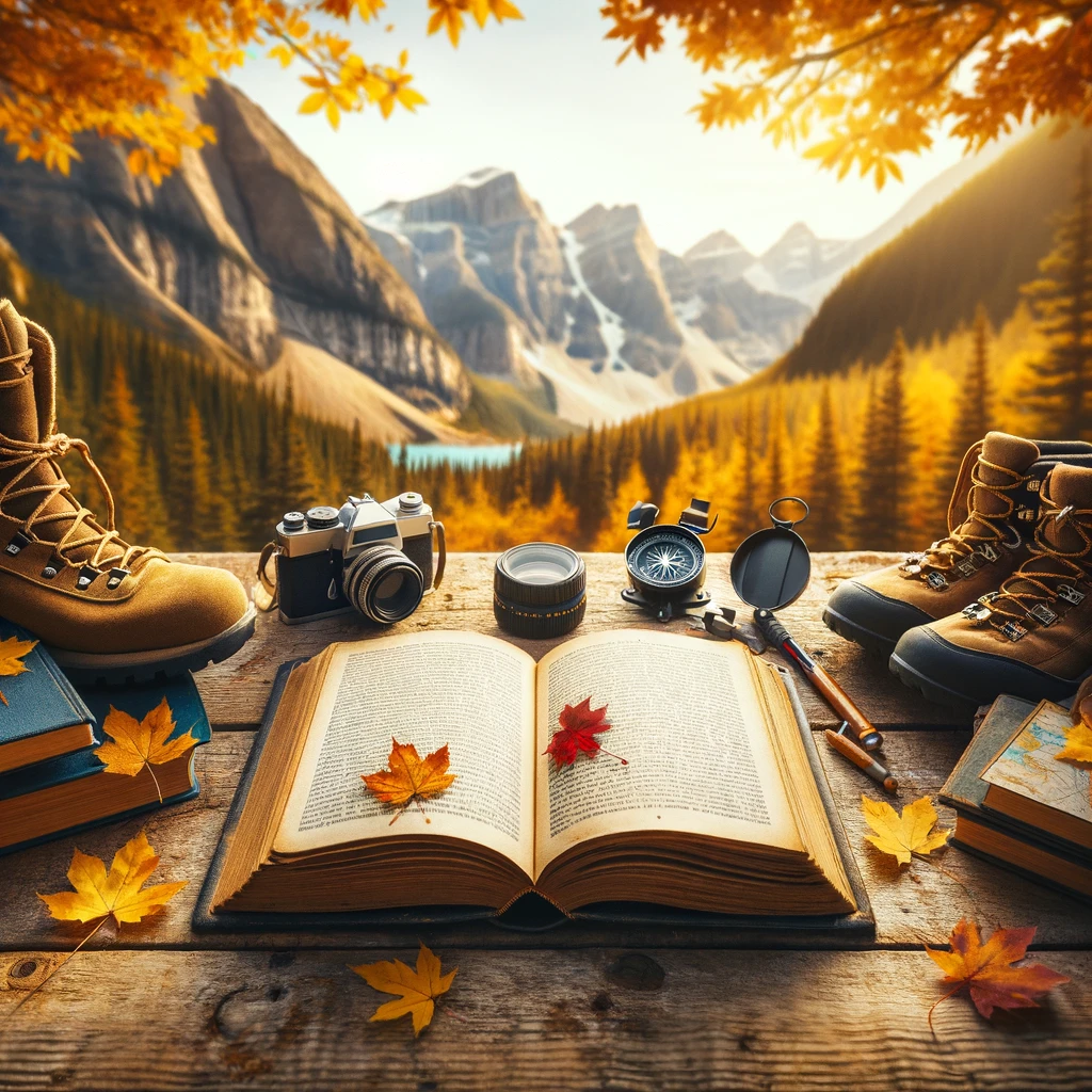 Open book on rustic table with hiking boots, camera, compass, and fall foliage, featuring Moon Canadian Rockies.