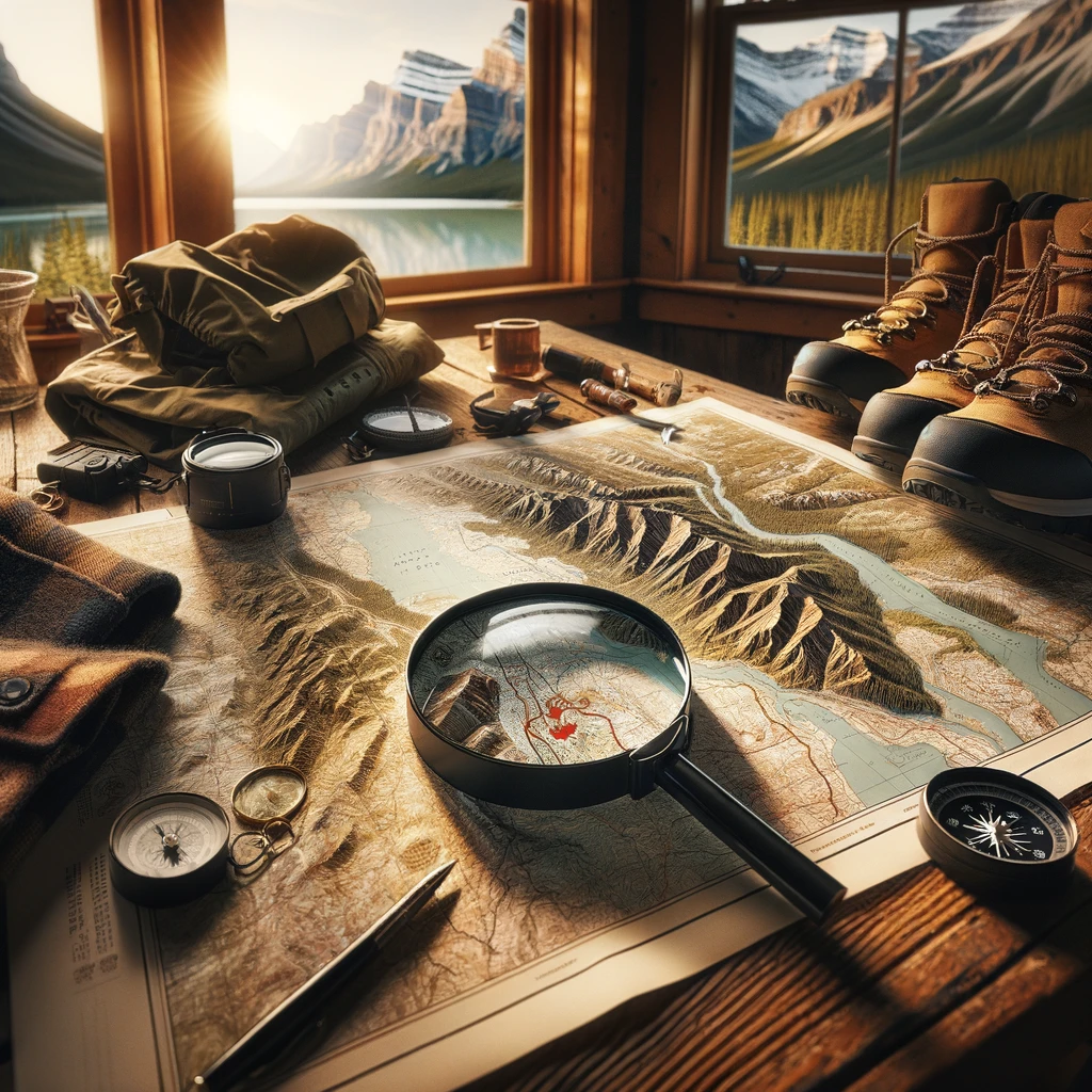 Partially open map of Jasper National Park on wooden table, highlighted by a magnifying glass.